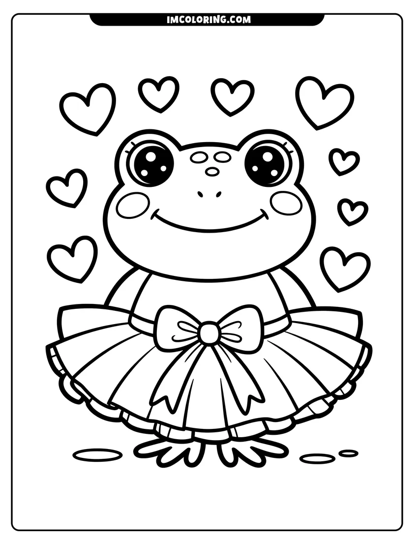 Clean line drawing: A cute cartoon frog ballerina wearing a tutu and bow, surrounded by floating hearts