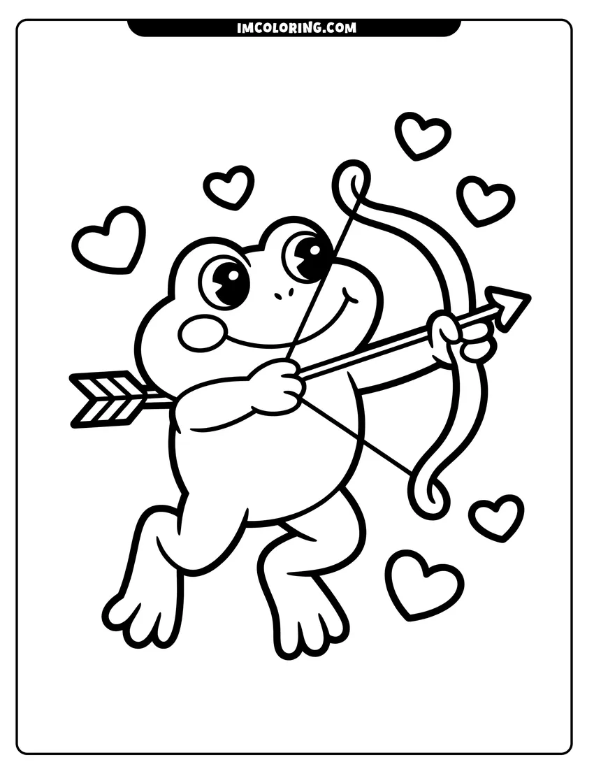 Black and white line art of A cute frog dressed as Cupid holding a bow and arrow surrounded by floating hearts