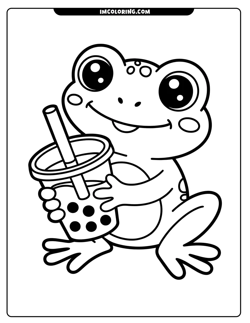 Coloring page of A cute cartoon frog with big eyes smiling while holding a cup of bubble tea with boba pearls