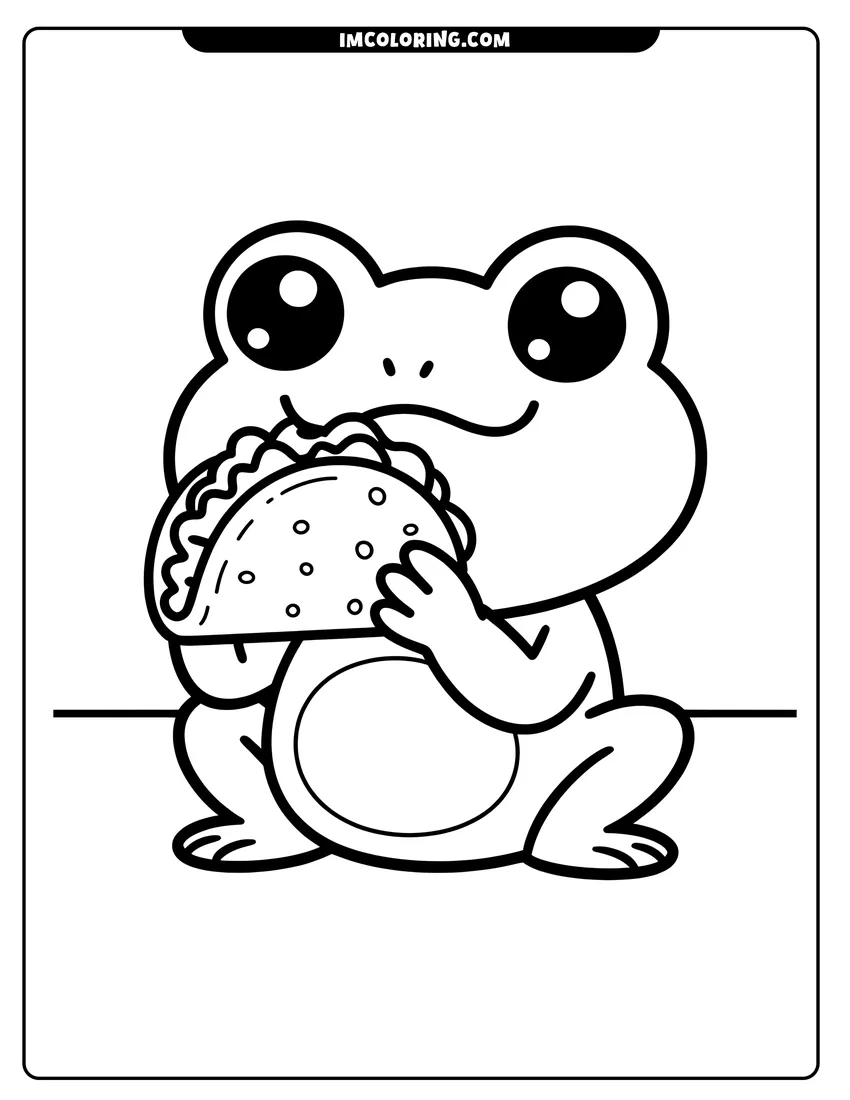 PDF style coloring page: A cute wide-eyed frog sitting down and holding a large taco with both hands for a snack