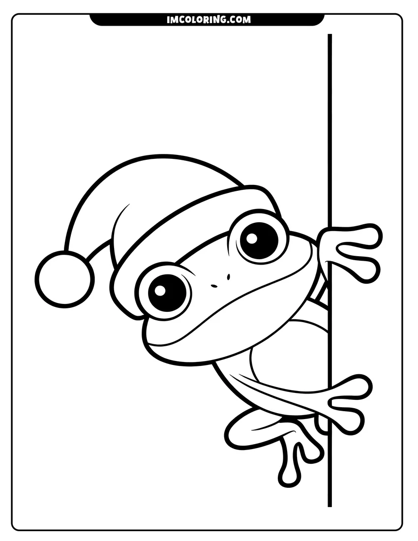 Black and white line art of A cute cartoon frog wearing a Santa hat peeking around a vertical edge with big eyes