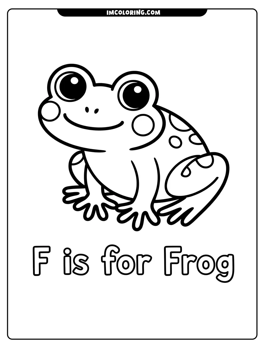 High quality printable A cartoon frog sitting with a smile below the text F is for Frog in bold outlines for coloring