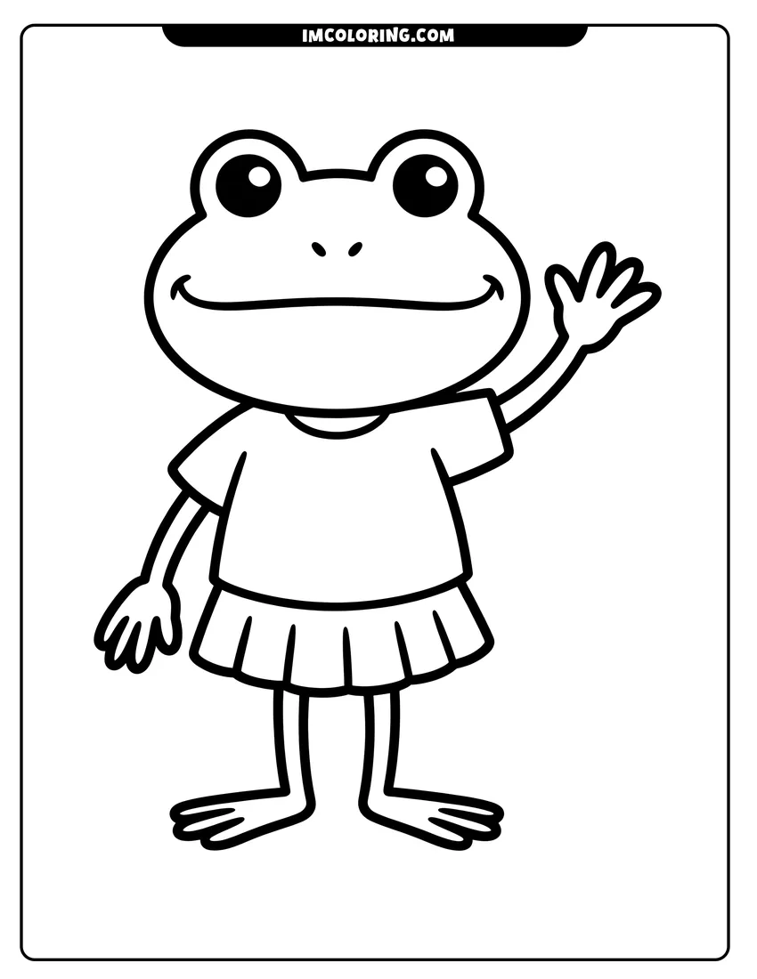 Free printable coloring sheet of A cute cartoon frog wearing a t-shirt and skirt waving its hand with a big smile