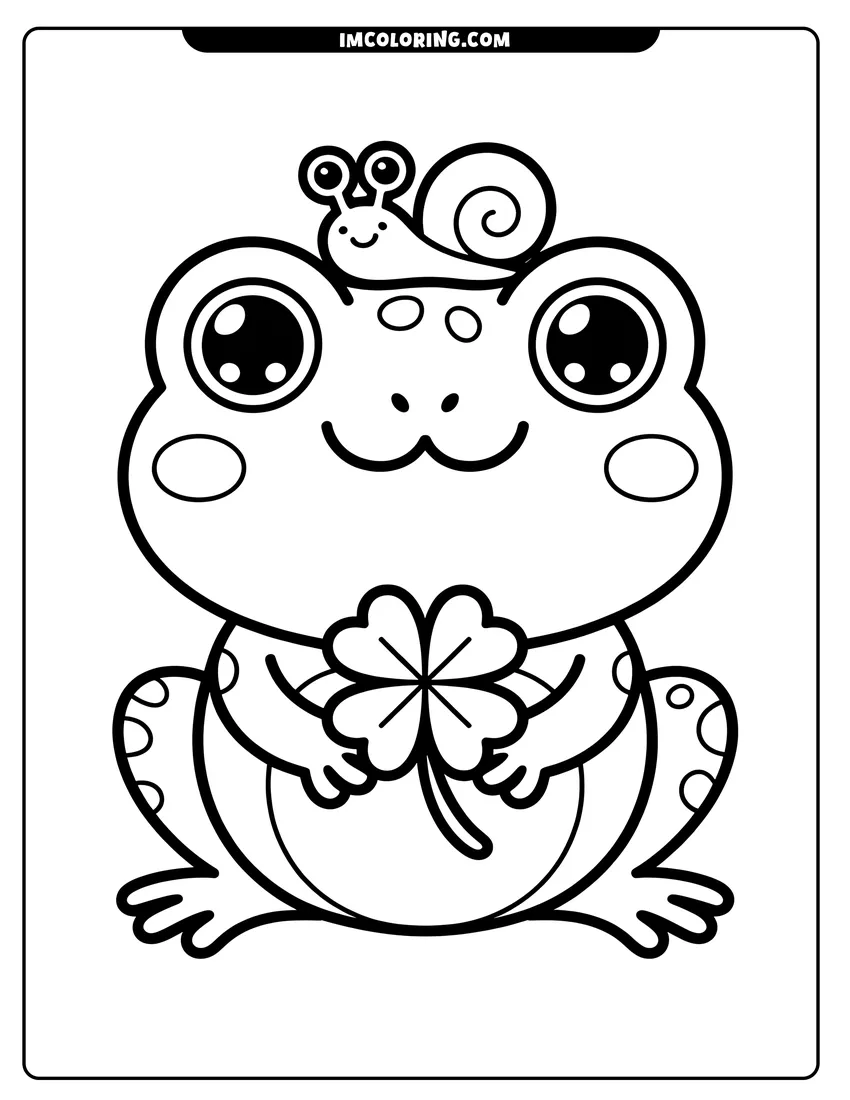 Linear illustration of A cute cartoon frog with large eyes holding a four-leaf clover and a small snail on its head