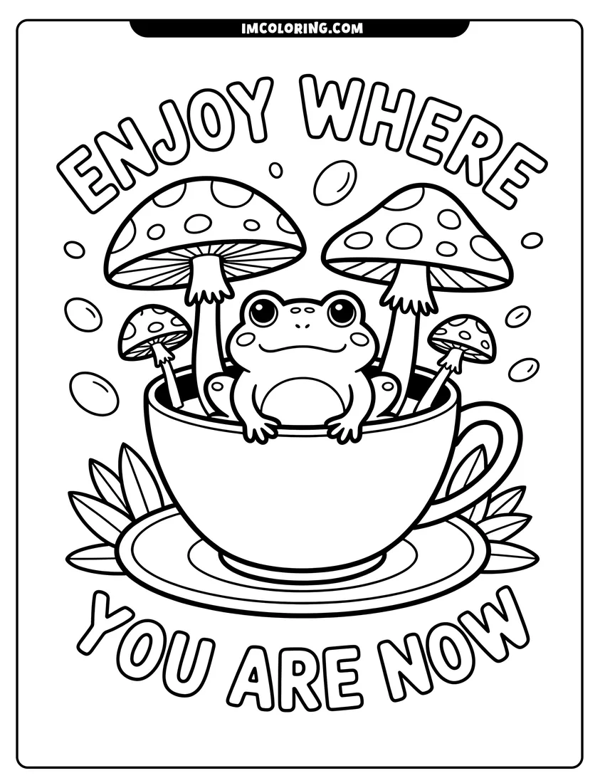 Doodle style coloring picture of A smiling frog sits inside a teacup with mushrooms and bubbles under the text Enjoy Where You Are Now