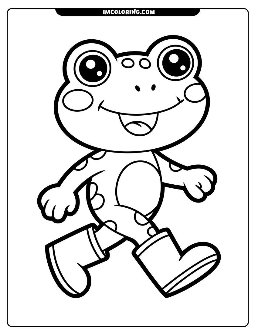Coloring page for kids: A cute cartoon frog with big eyes wearing boots and walking happily with thick black outlines