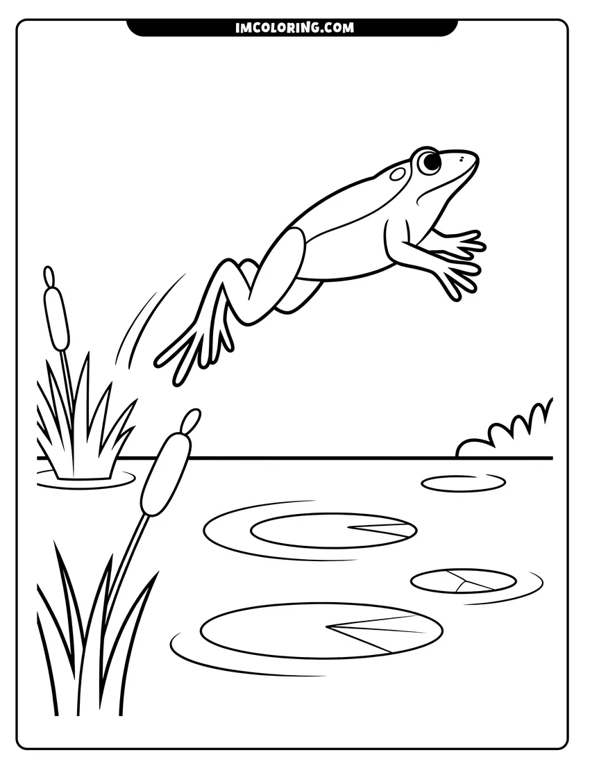 Outline drawing of A frog jumping through the air above a pond with lily pads and cattails