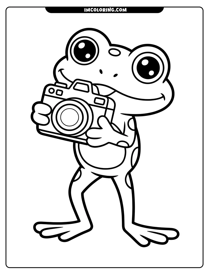 Clean line drawing: A cute cartoon frog with big eyes smiling and holding a camera to take a photo