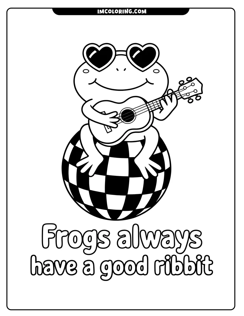 Coloring page of A smiling frog wearing heart-shaped sunglasses plays a guitar while sitting on top of a disco ball