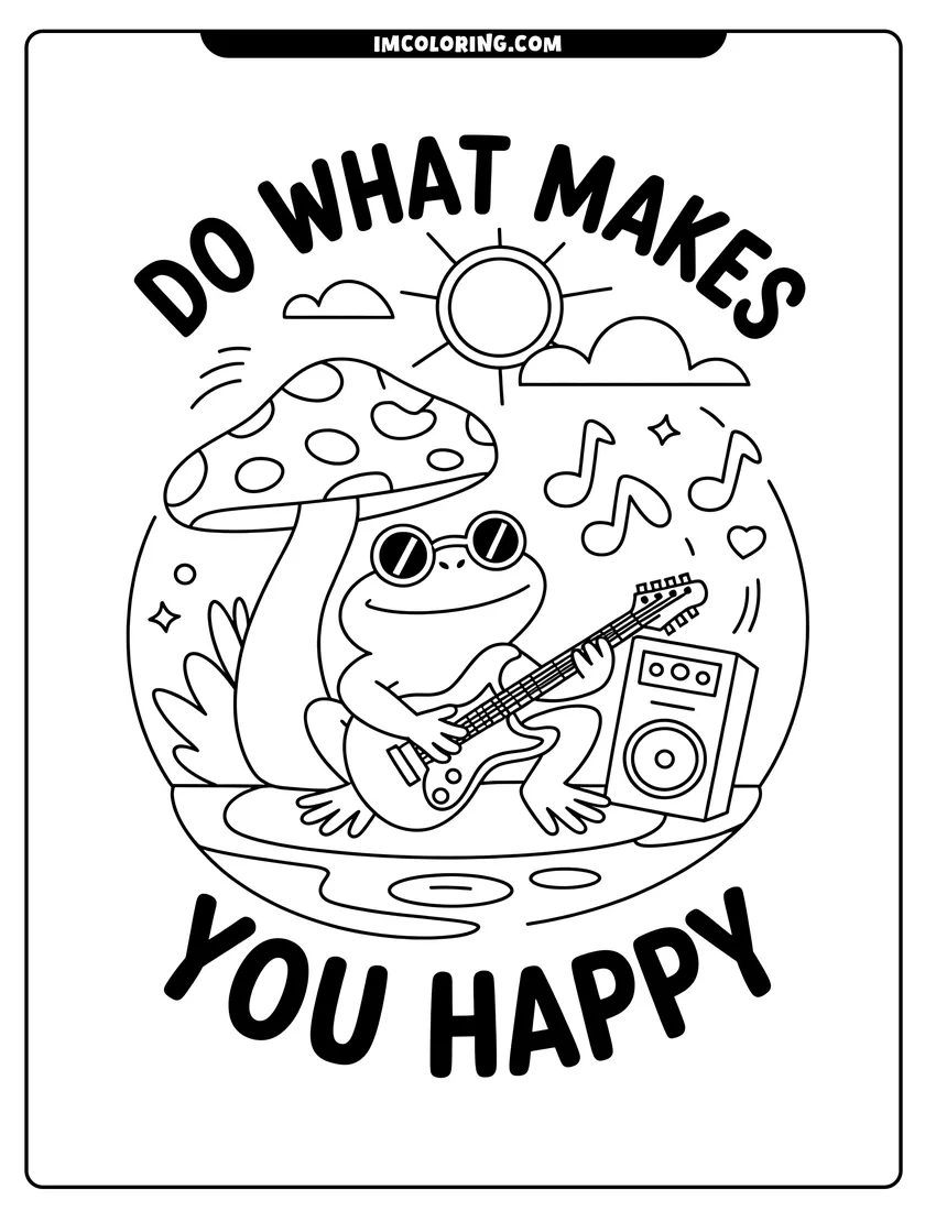 Printable line art of A happy frog wearing sunglasses plays an electric guitar under a mushroom with the sun shining above