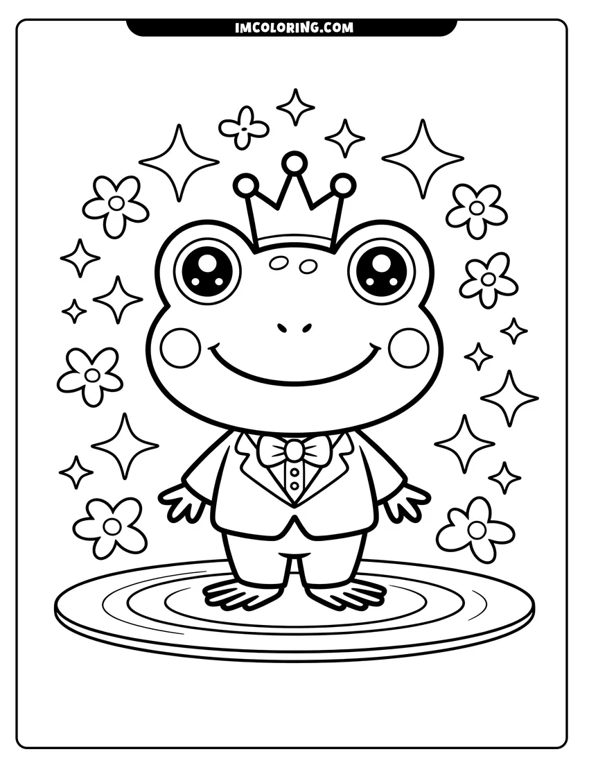 Black and white line art of A smiling cartoon frog wearing a crown and tuxedo suit surrounded by twinkling stars and small flowers