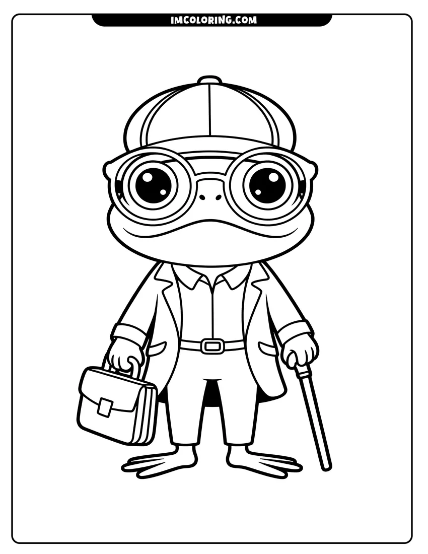 Doodle style coloring picture of A cute frog wearing glasses and a hat, holding a briefcase and walking with a wooden cane
