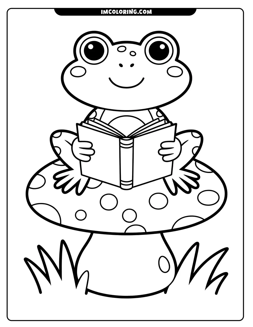 Doodle style coloring picture of A cute frog with big eyes sitting on a spotted mushroom while reading an open book