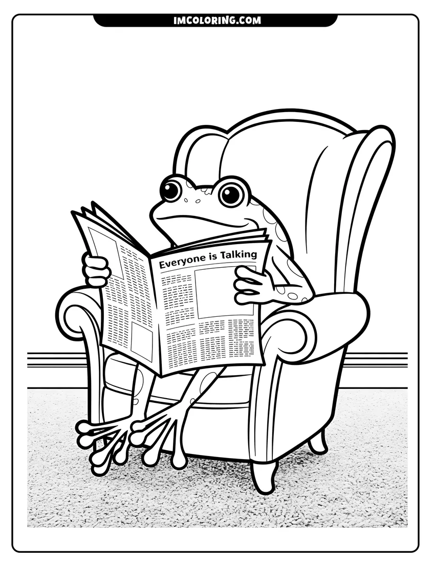 High quality printable A spotted frog sitting in a large armchair reading a newspaper titled Everyone is Talking for coloring
