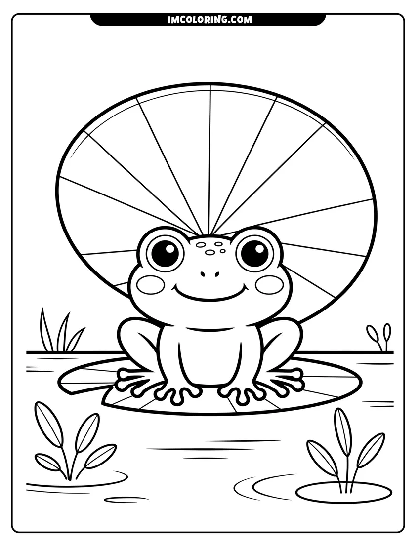 PDF style coloring page: A cute smiling frog sitting on a lily pad under a large leaf umbrella in a pond