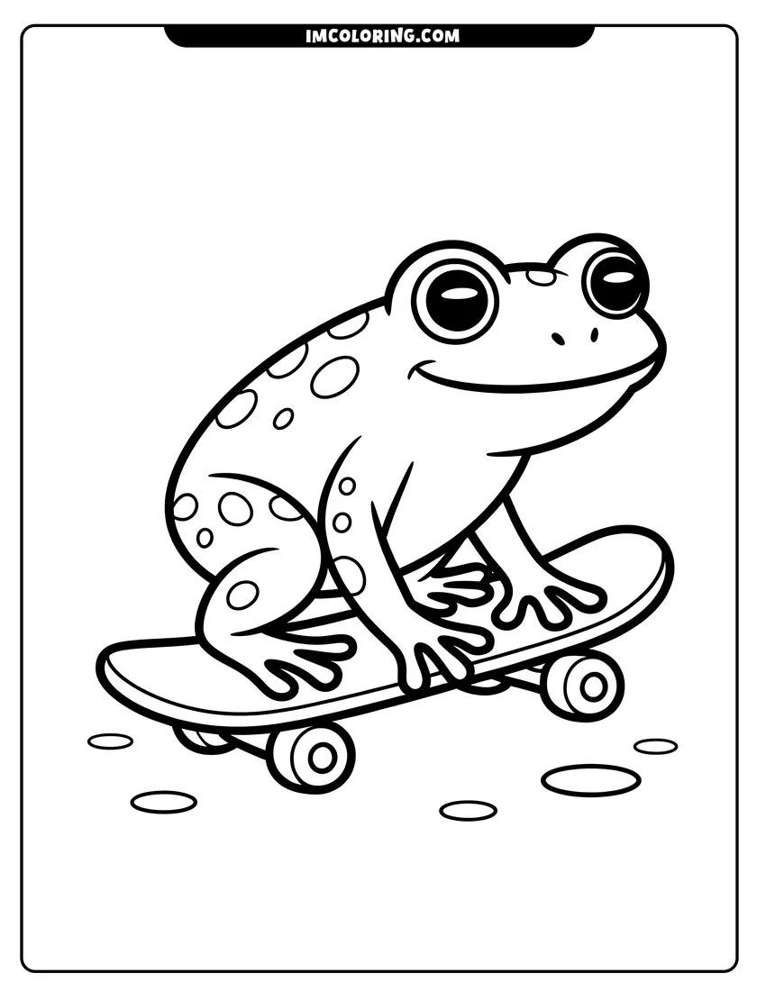 Coloring page for kids: A cartoon frog with big eyes and spots riding on a small skateboard