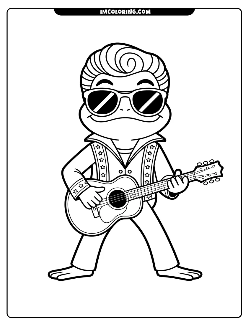 Coloring page of A cartoon frog dressed like a rockstar wearing sunglasses and playing an acoustic guitar