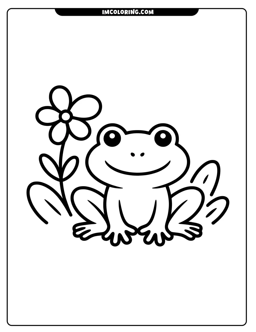 Printable coloring page of A smiling cartoon frog sits happily in the grass next to a single blooming flower with leaves