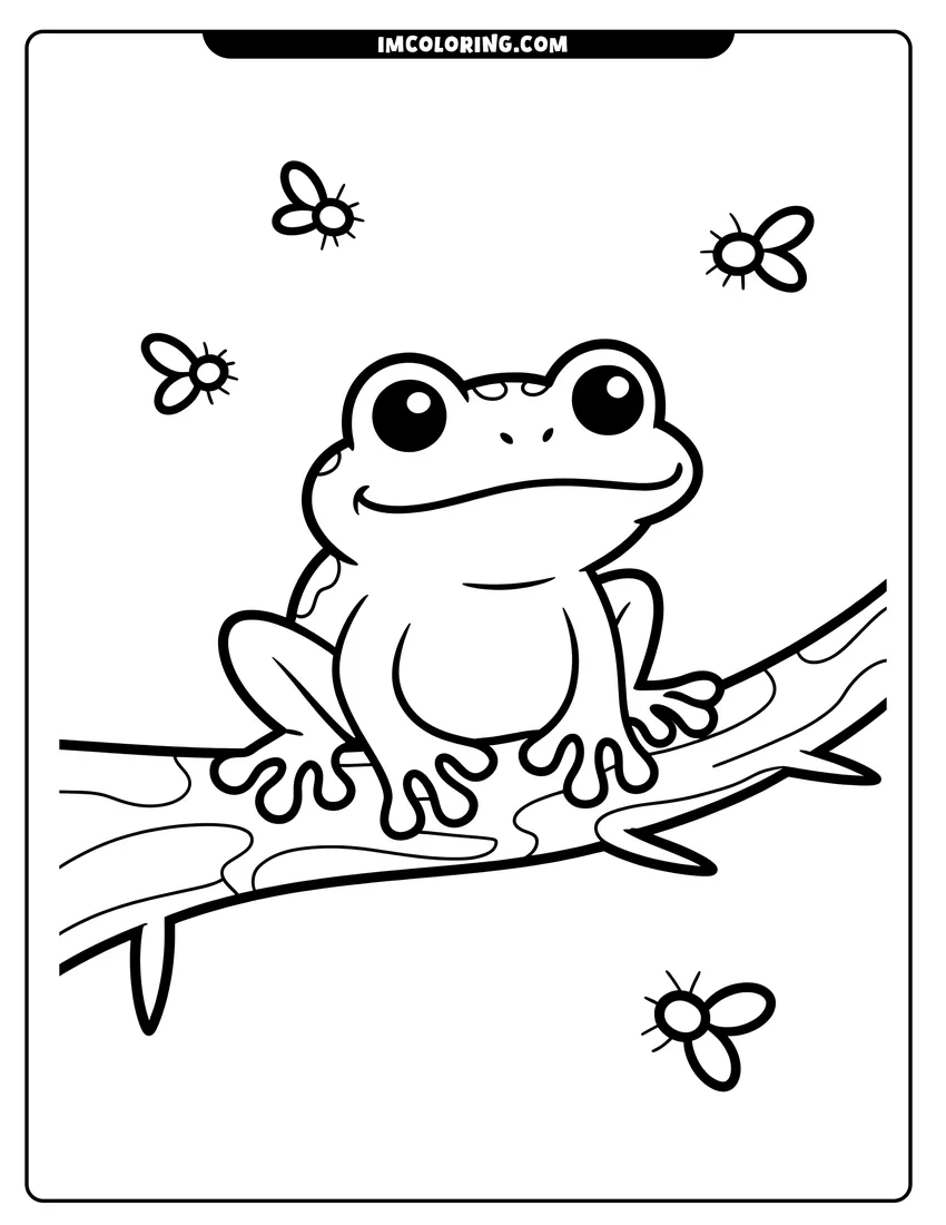 Vector style outline of A cute frog with big eyes sits on a branch with small flies flying around in the air