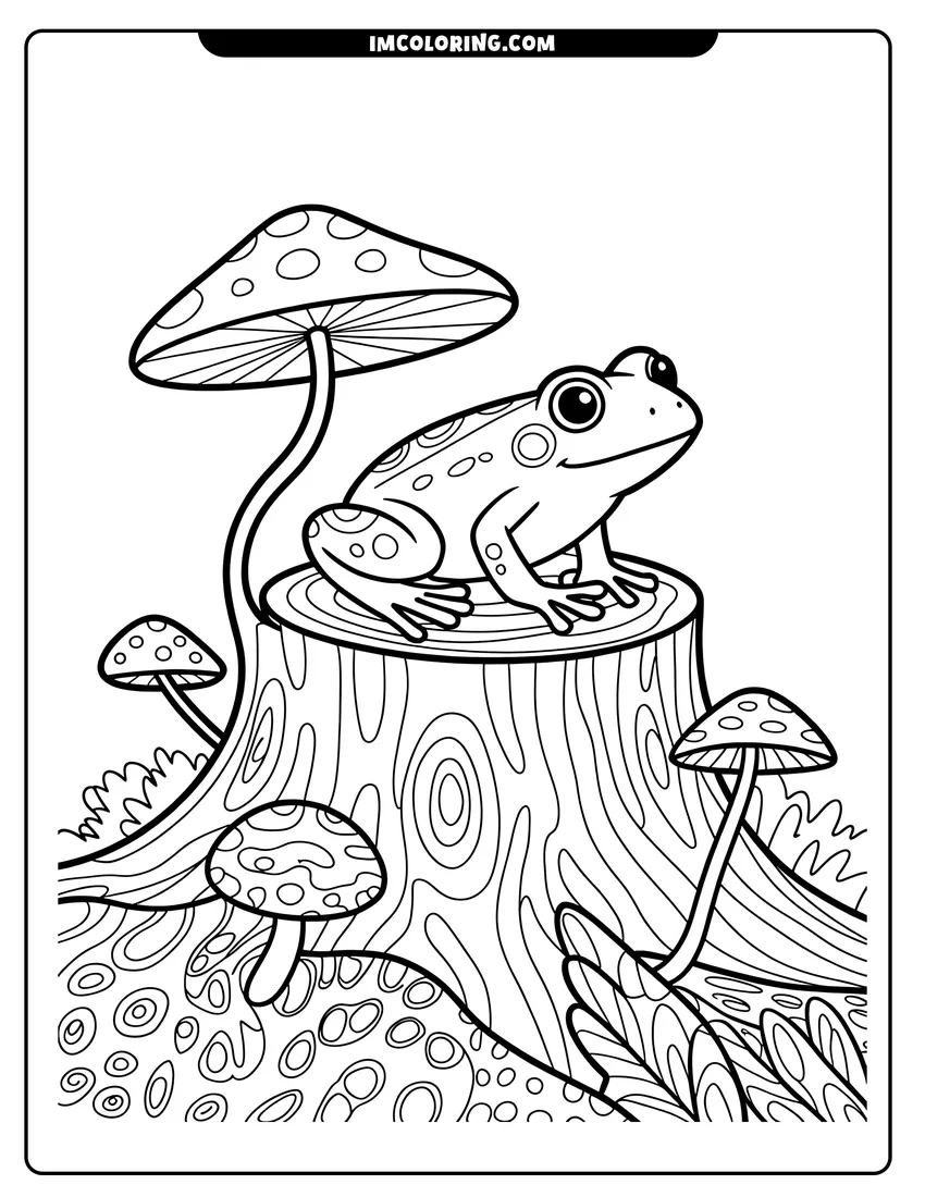 Coloring sheet featuring A friendly spotted frog sits on a tree stump surrounded by wild mushrooms in a forest setting