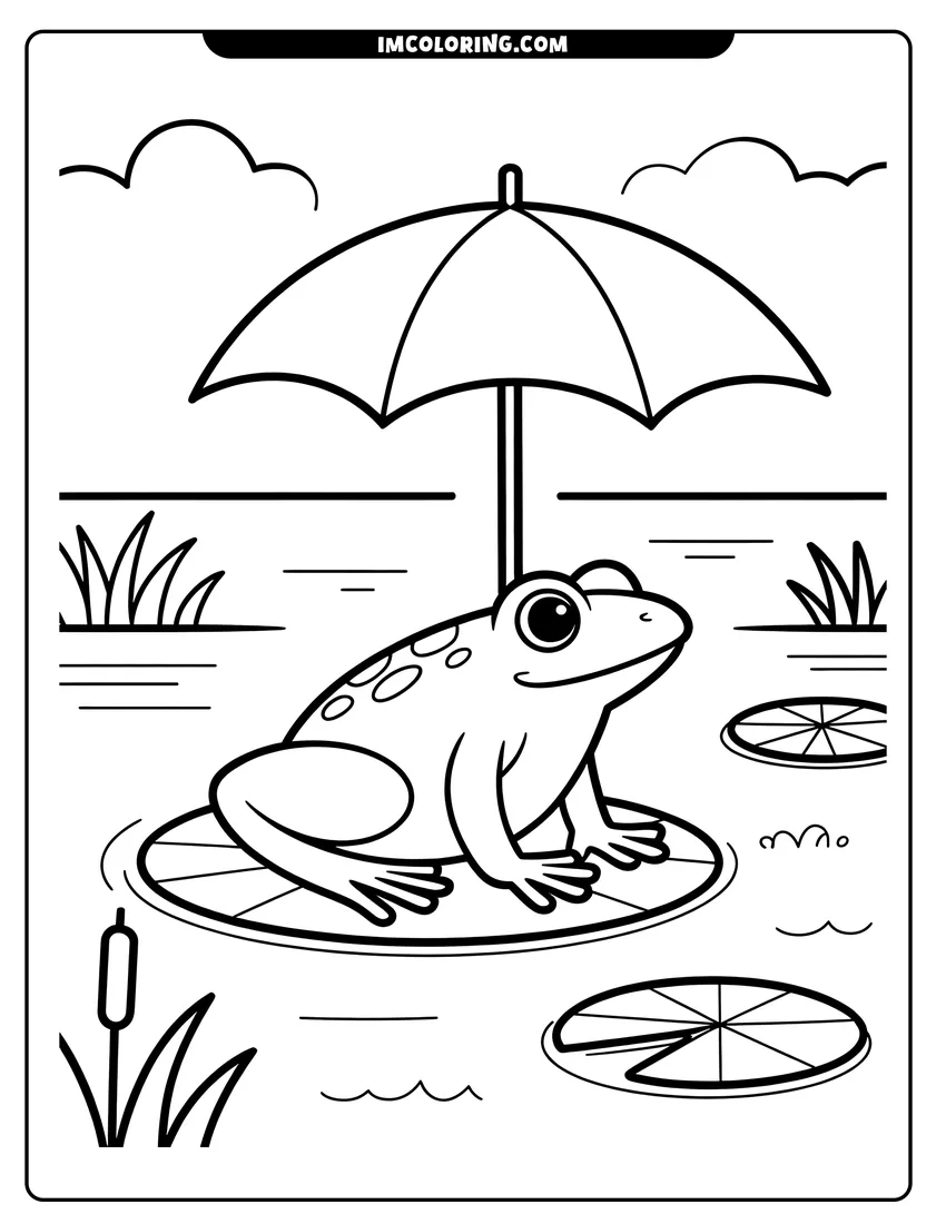 Printable coloring page of A smiling frog sitting on a lily pad under an umbrella in a pond with cattails