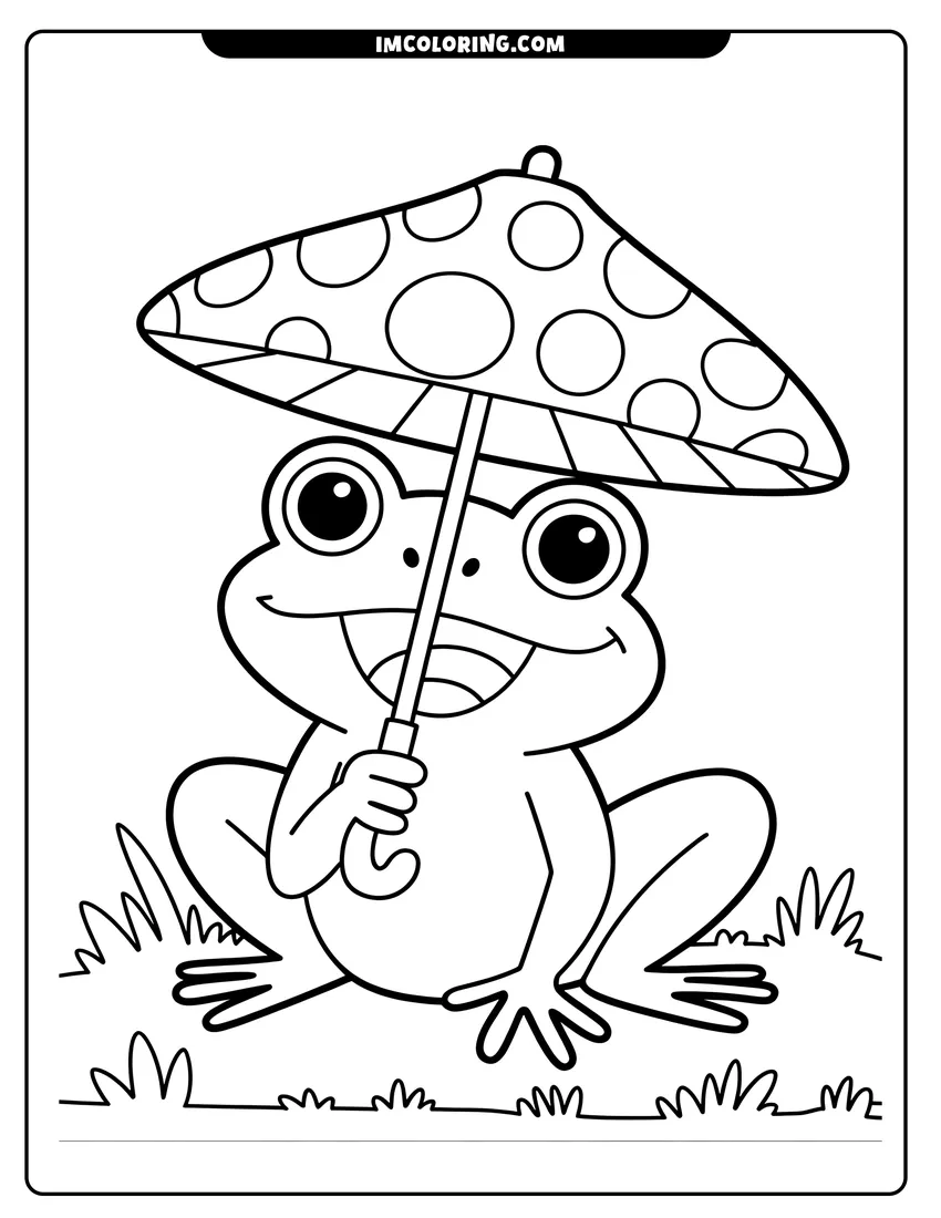 Full page coloring image of A smiling cartoon frog sitting on the grass holding a mushroom-shaped umbrella with large polka dots