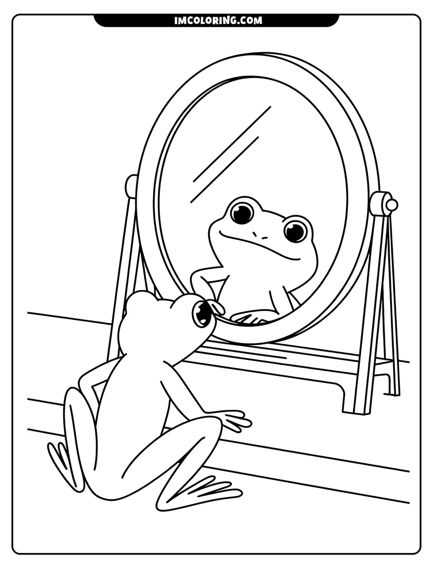 Downloadable coloring page of A cute frog sits on the floor looking at its own reflection in a large oval mirror