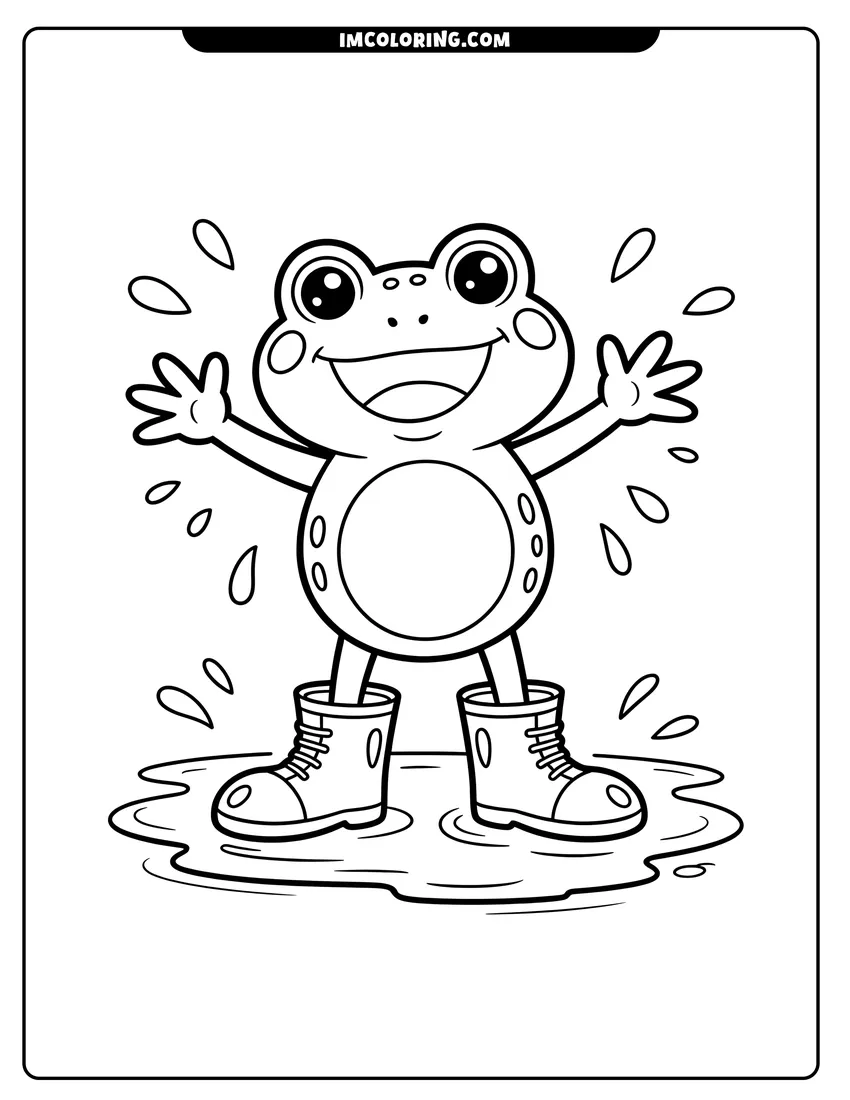 Doodle style coloring picture of A cheerful cartoon frog wearing boots and splashing in a puddle with raindrops falling around it