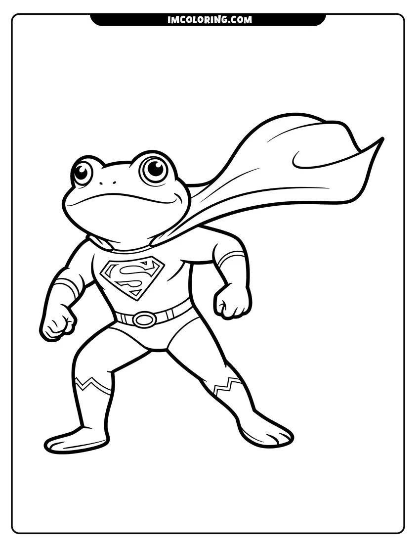 Free printable coloring sheet of A cute frog wearing a superhero costume and a flowing cape standing in a heroic pose