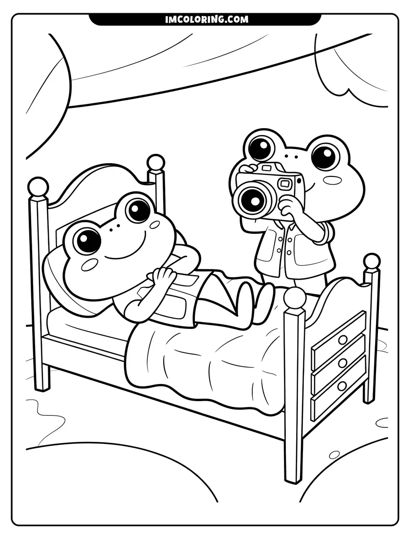 Vector style outline of A cute frog lying in bed while another frog takes its photo with a small handheld camera