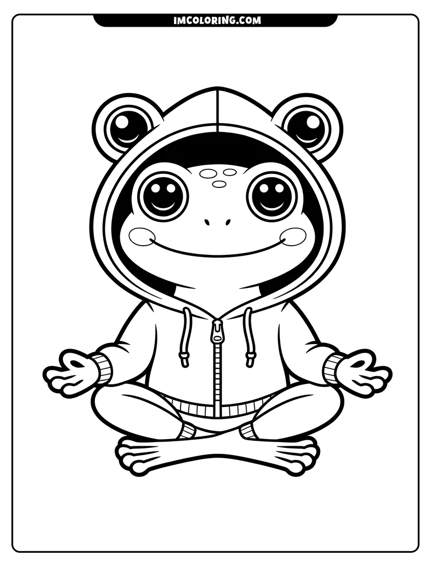 Black and white line art of A cute frog with large eyes sitting cross-legged and wearing a zip-up hoodie with frog ears