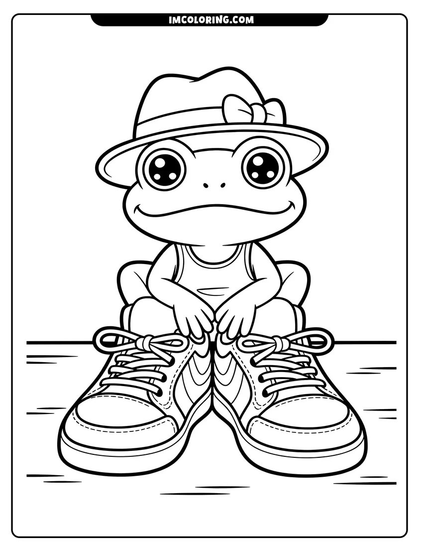 Free to print drawing of A cute frog wearing a hat with a bow and large sneakers sitting on a wooden surface