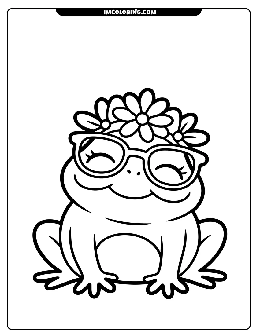 Printable line art of A cute winking frog wearing a flower crown and large glasses sitting on the ground