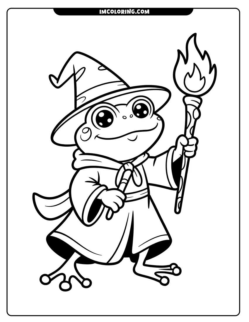 Black and white line art of A cute cartoon frog wizard wearing a pointed hat and robe while holding a flaming magic torch