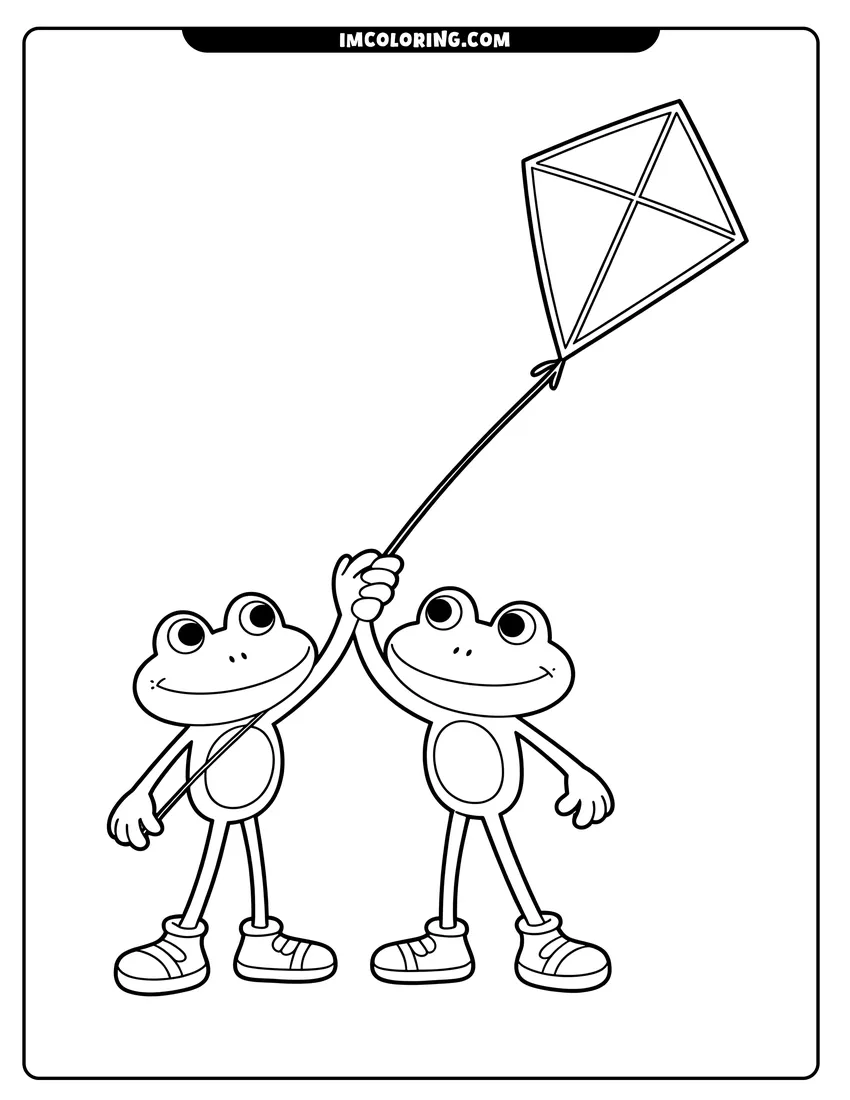 Linear illustration of Two smiling cartoon frogs wearing sneakers and holding a kite string together in a simple line drawing