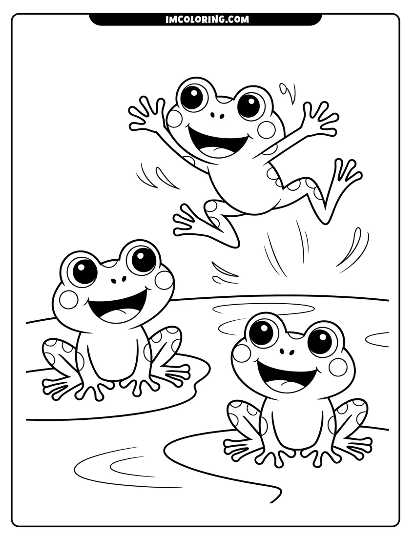 Full page coloring image of Three happy cartoon frogs with big eyes, one jumping in the air while two sit on lily pads