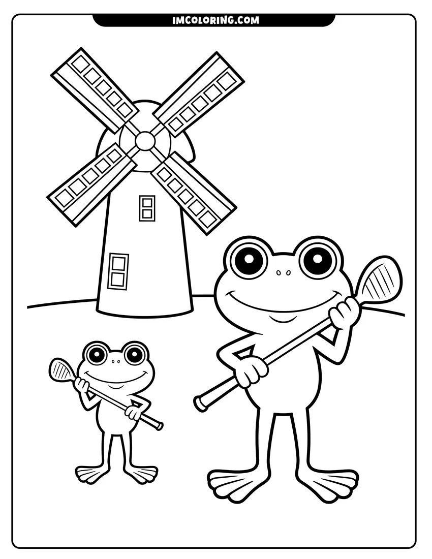 Linear illustration of Two smiling frogs holding spoons standing in front of a tall windmill under a clear sky