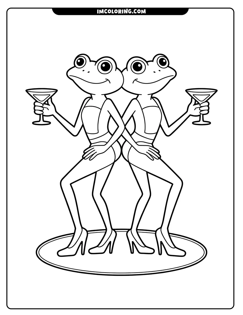 Printable coloring page of Two frogs wearing high heels and leotards holding glasses while standing back to back