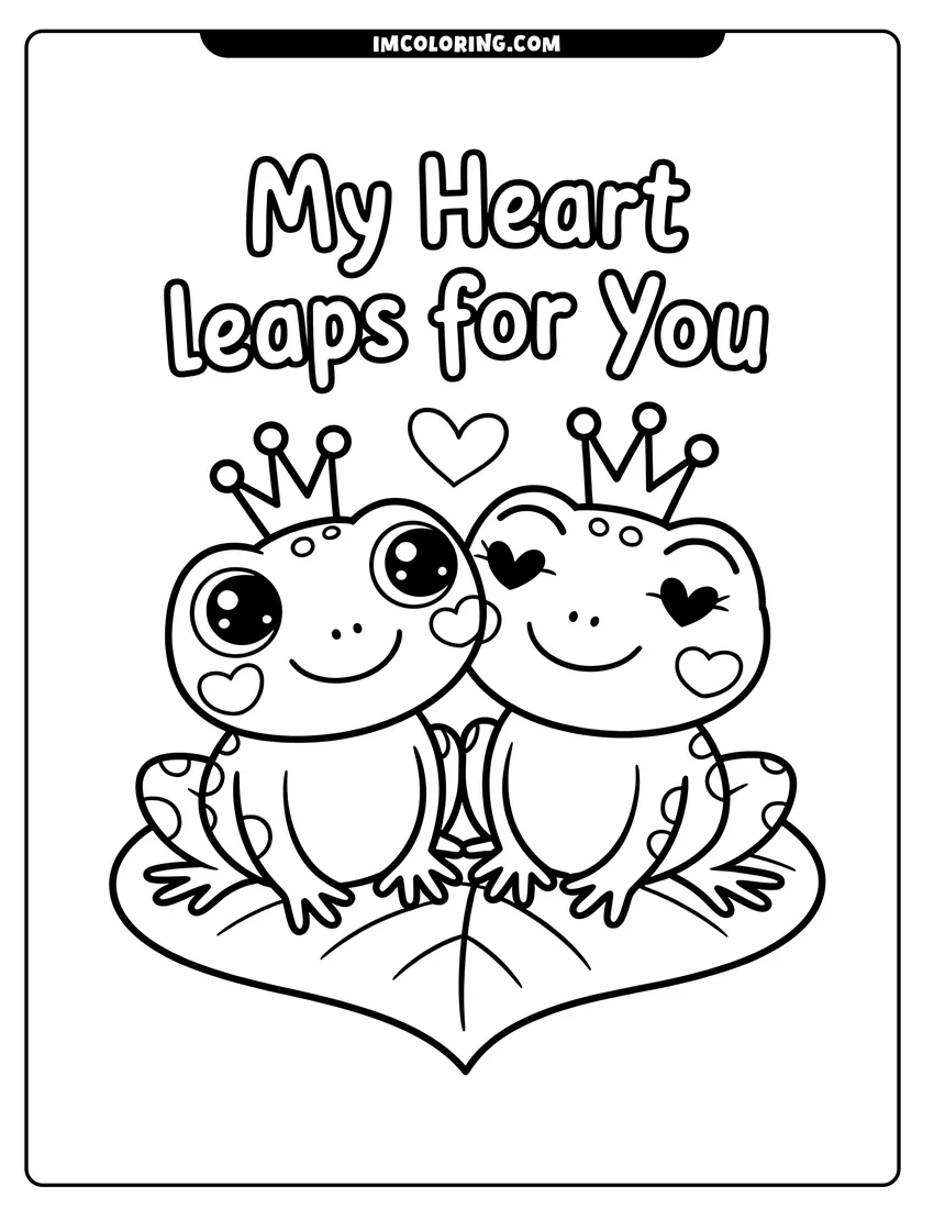 Outline drawing of Two cute cartoon frogs wearing crowns sitting on a lily pad with hearts and a loving message