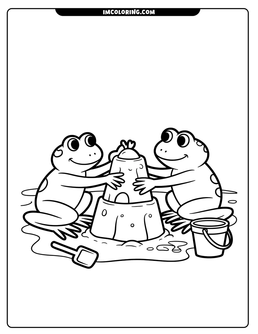 PDF style coloring page: Two cute frogs smiling while building a tall sandcastle with a bucket and shovel nearby on the beach