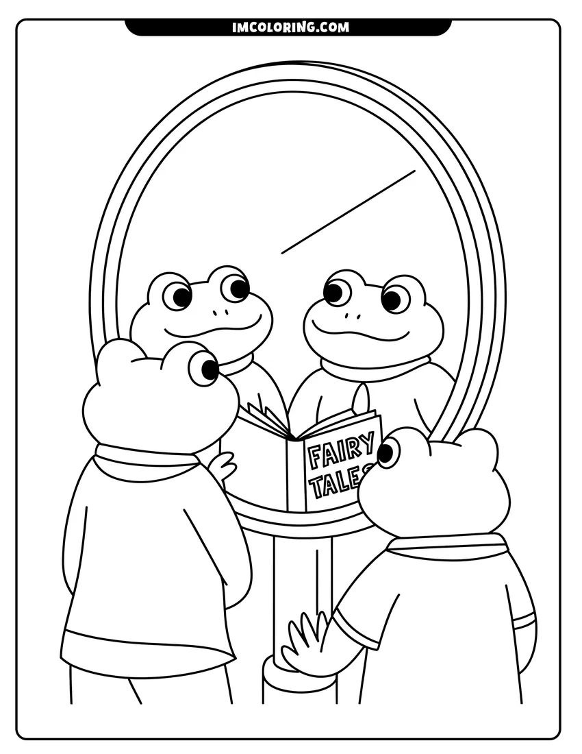 Coloring sheet featuring Two cute frogs in sweaters reading a fairy tale book while looking into a large round mirror
