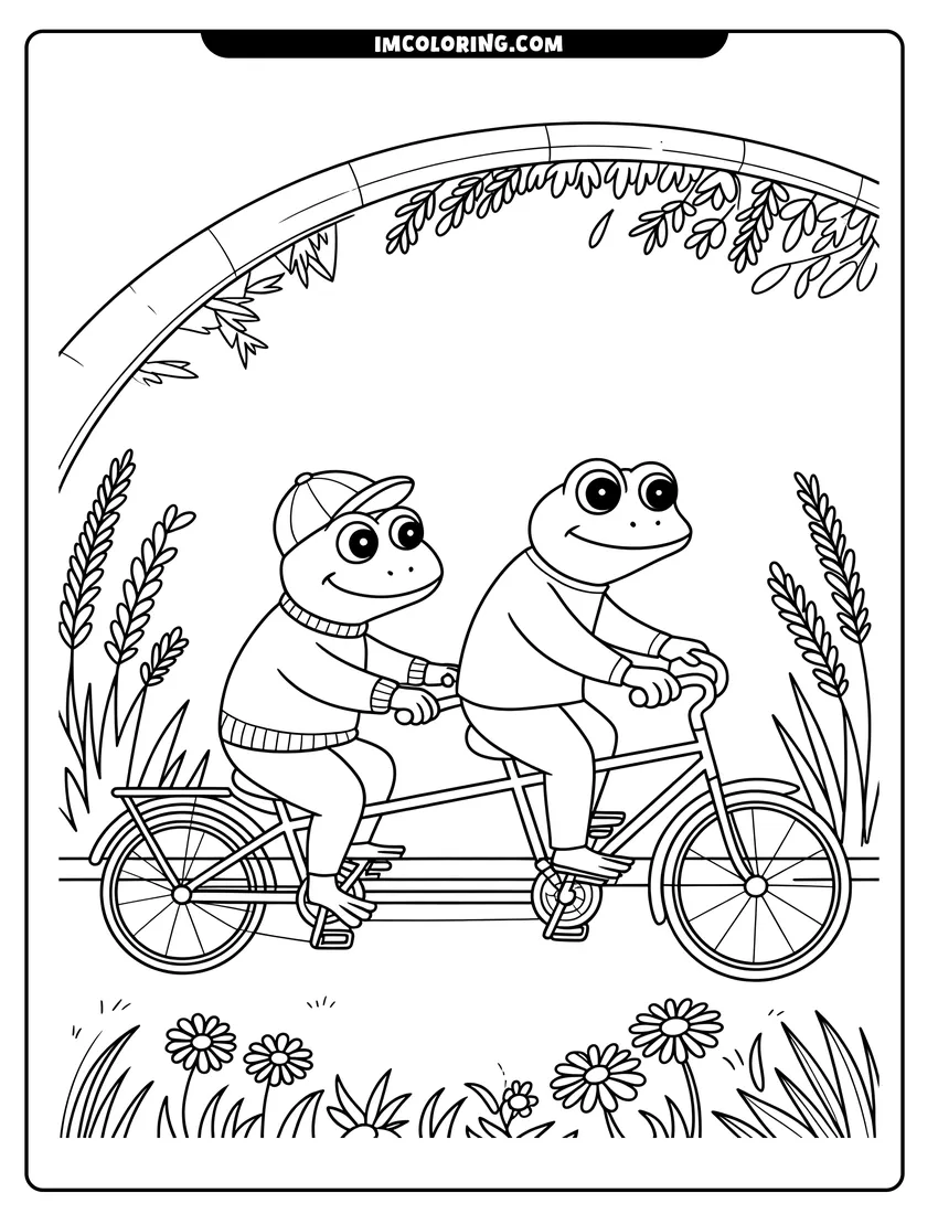 Coloring sheet featuring Two cheerful frogs wearing sweaters and a cap ride a tandem bicycle through a flowery garden park