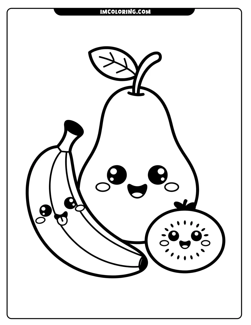 Printable coloring page of Three cute fruit characters including a pear, banana, and kiwi slice with happy smiling kawaii faces