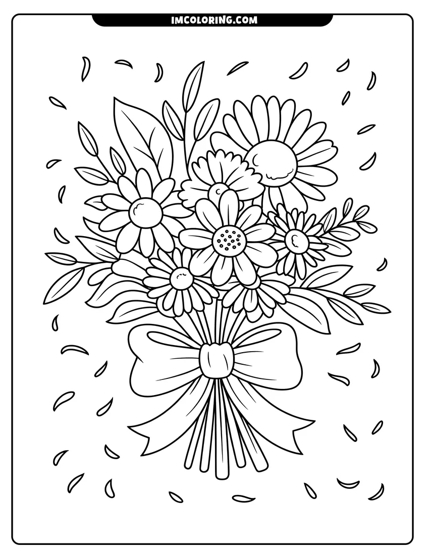 Free printable coloring sheet of A beautiful bouquet of flowers tied with a large ribbon bow and petals floating in the air