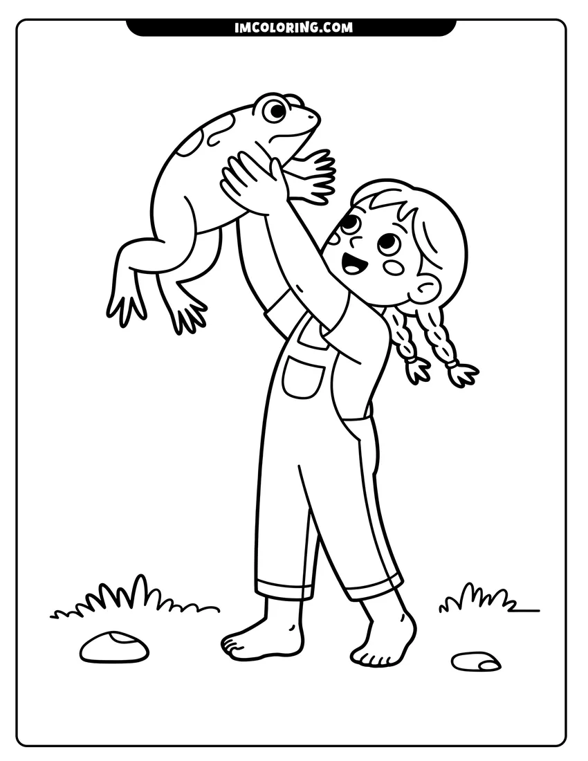 Downloadable coloring page of A young girl in overalls lifting a large spotted frog above her head in a grassy field