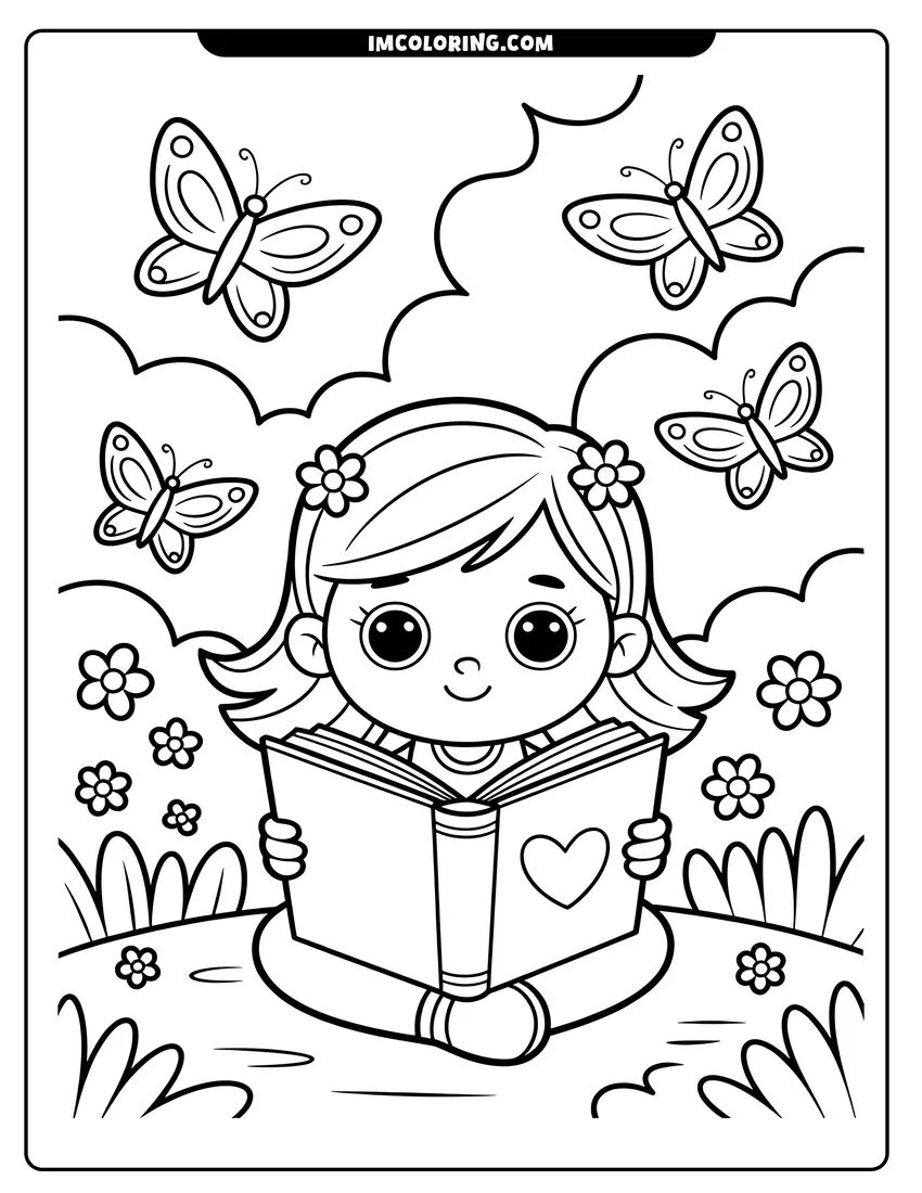 Downloadable coloring page of A cute young girl reading a book in a garden surrounded by several large, detailed butterflies and flowers