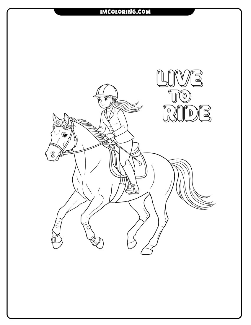 Clean line drawing: A young girl in riding gear galloping on a horse with the text Live To Ride nearby