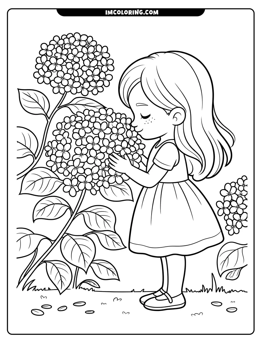 PDF style coloring page: A young girl with long hair smelling a large bunch of hydrangea flowers in a garden