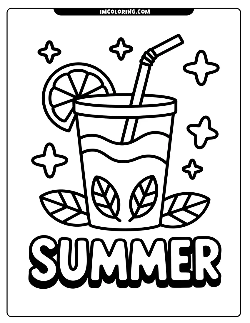 Simple sketch of A cold summer drink with a straw and lemon slice surrounded by stars and the word summer to color