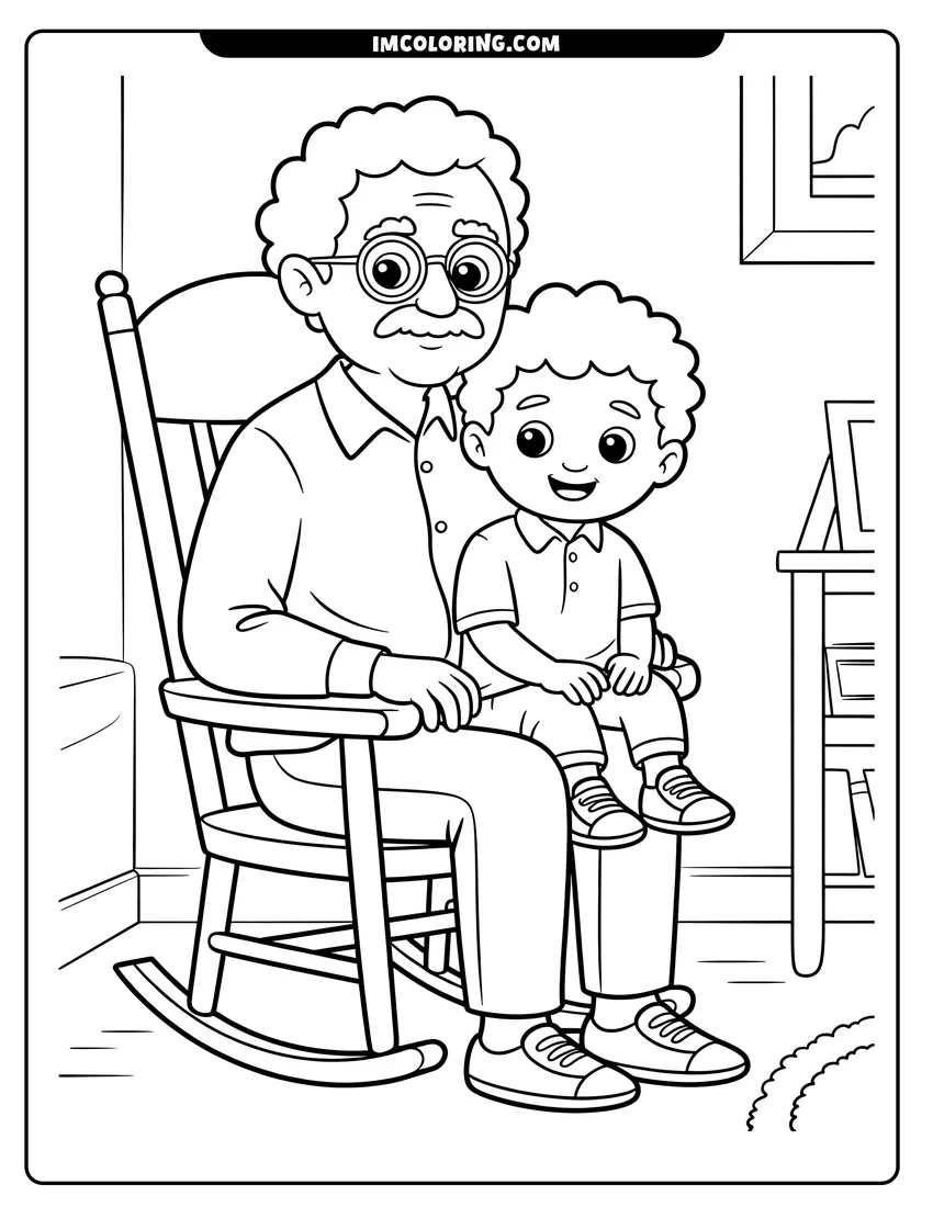 Linear illustration of A grandfather wearing glasses sits in a rocking chair with a smiling young boy sitting on his lap